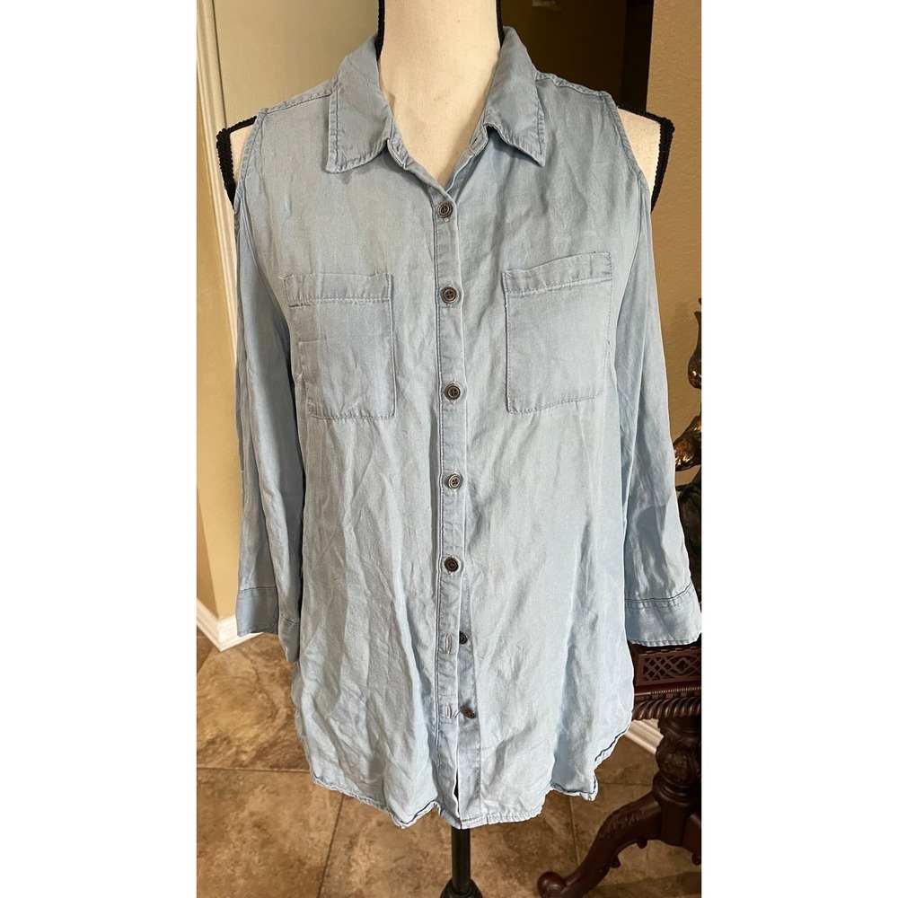 Westport 1962 Chambray Cold Shoulder‎ Button Shirt Blue Womens Small